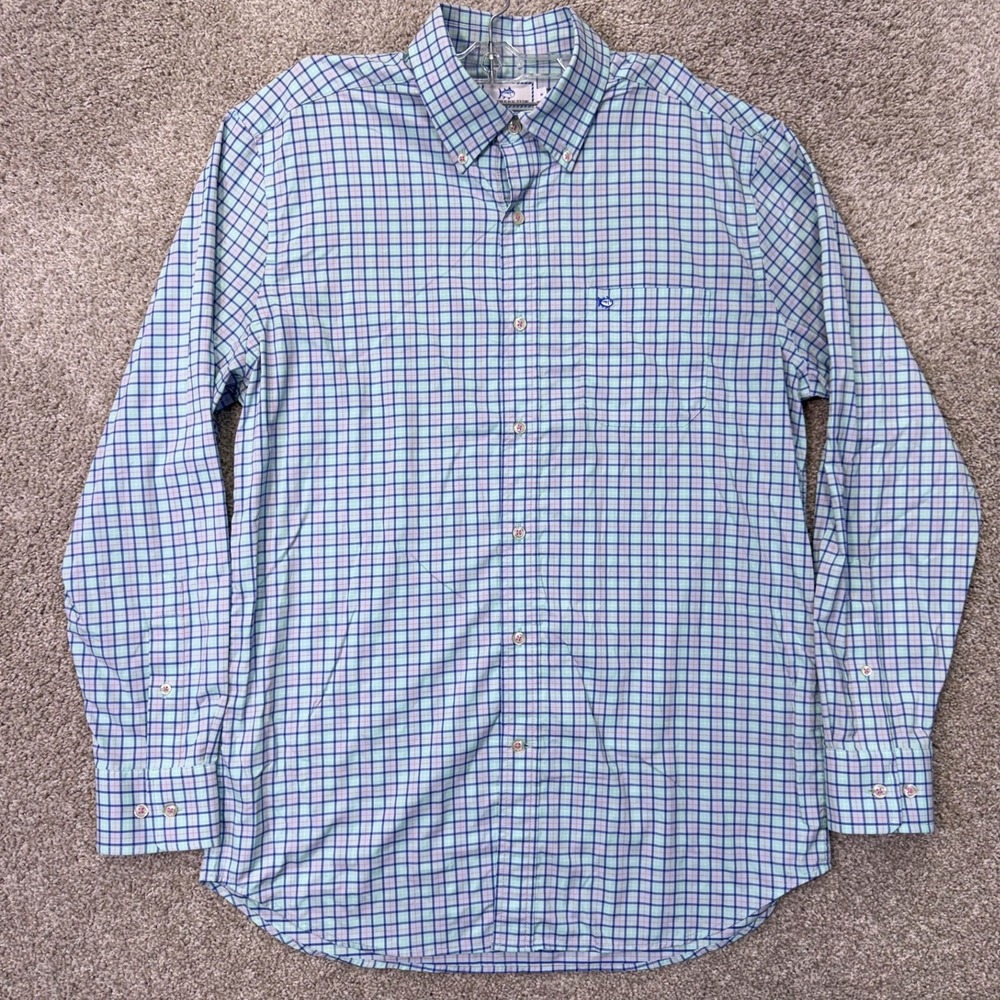 Southern Tide Shirt Mens M Performance Blue Green Pink Plaid Button-Down EUC